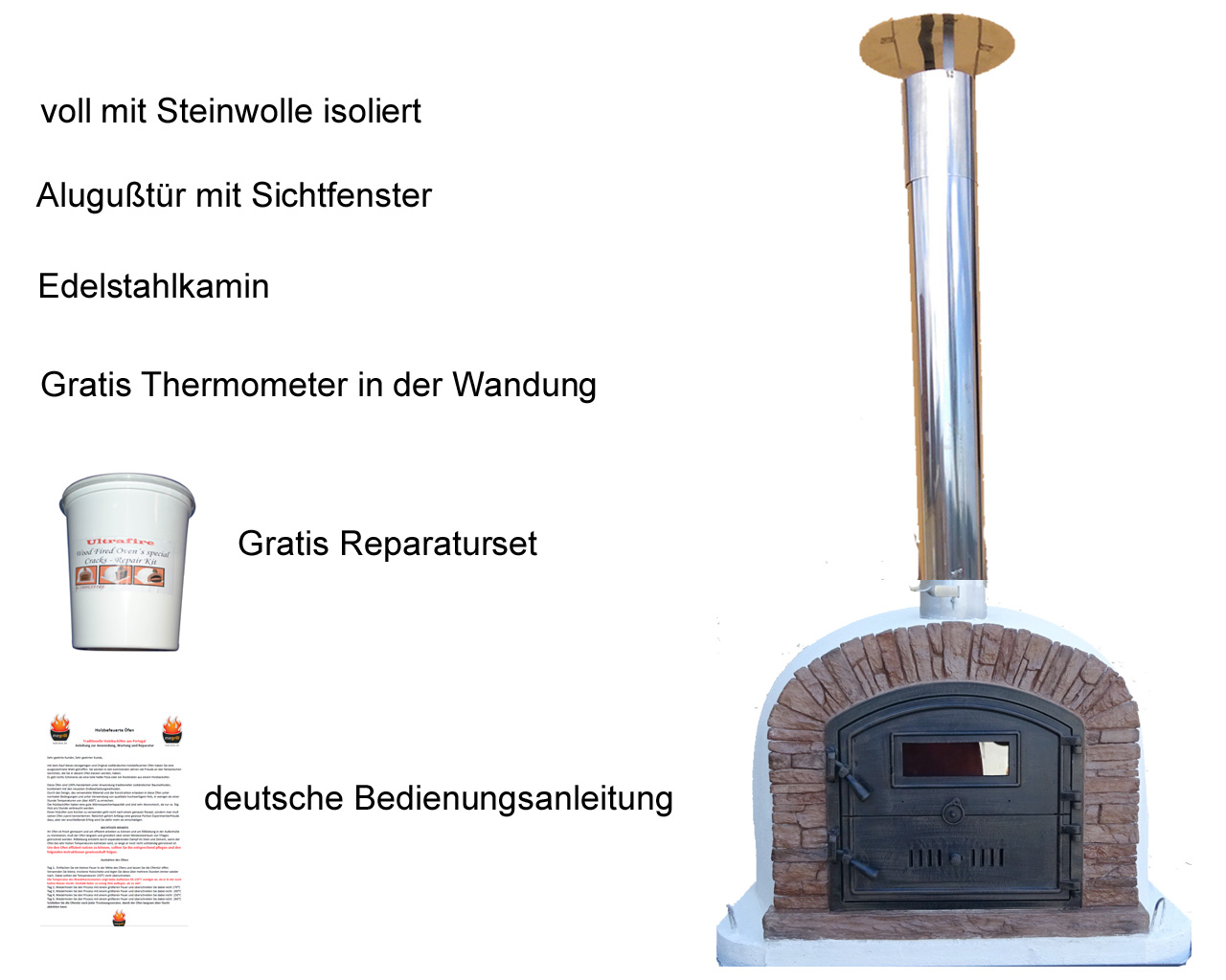 Holzbackofen Venturared AL mit Edelstahlkamin, regenhut, Wandthermometer und Reparaturset für Haarrisse